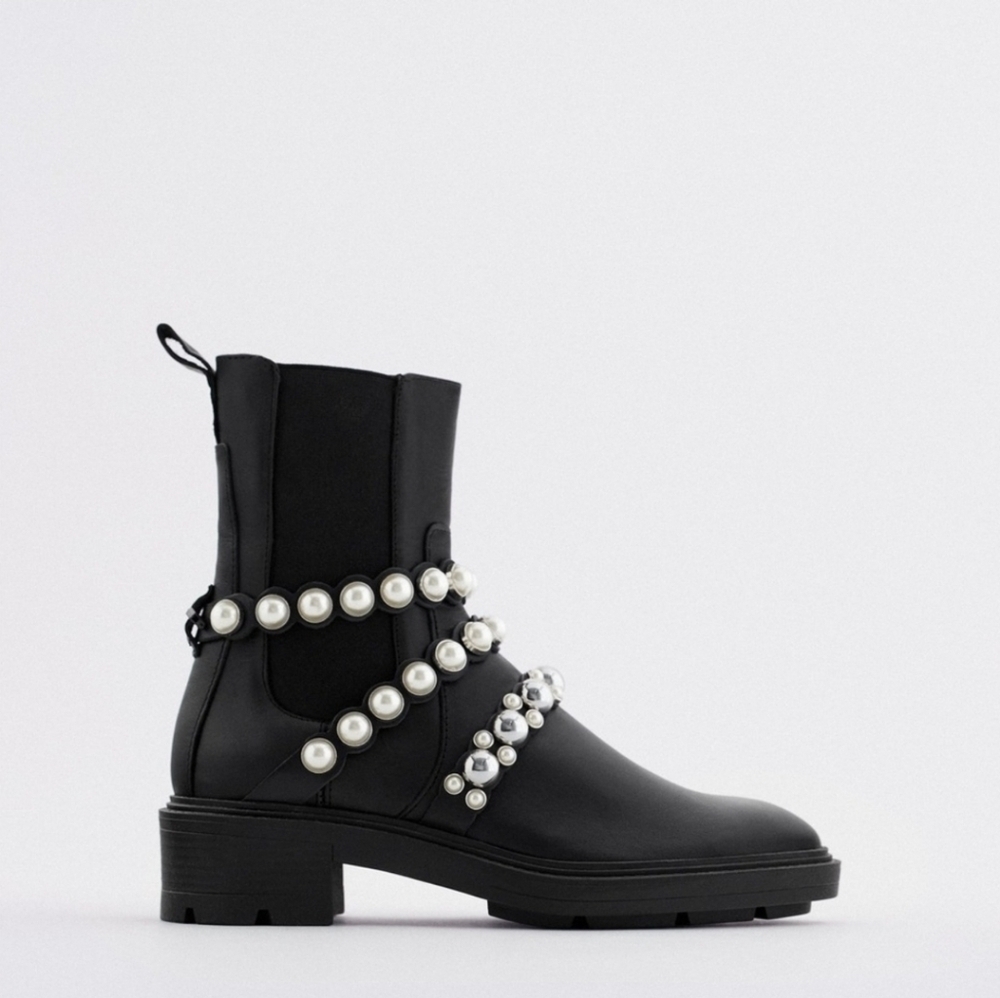 Zara Pearl Strap Black Leather Chelsea Boots Blogger Fav 38